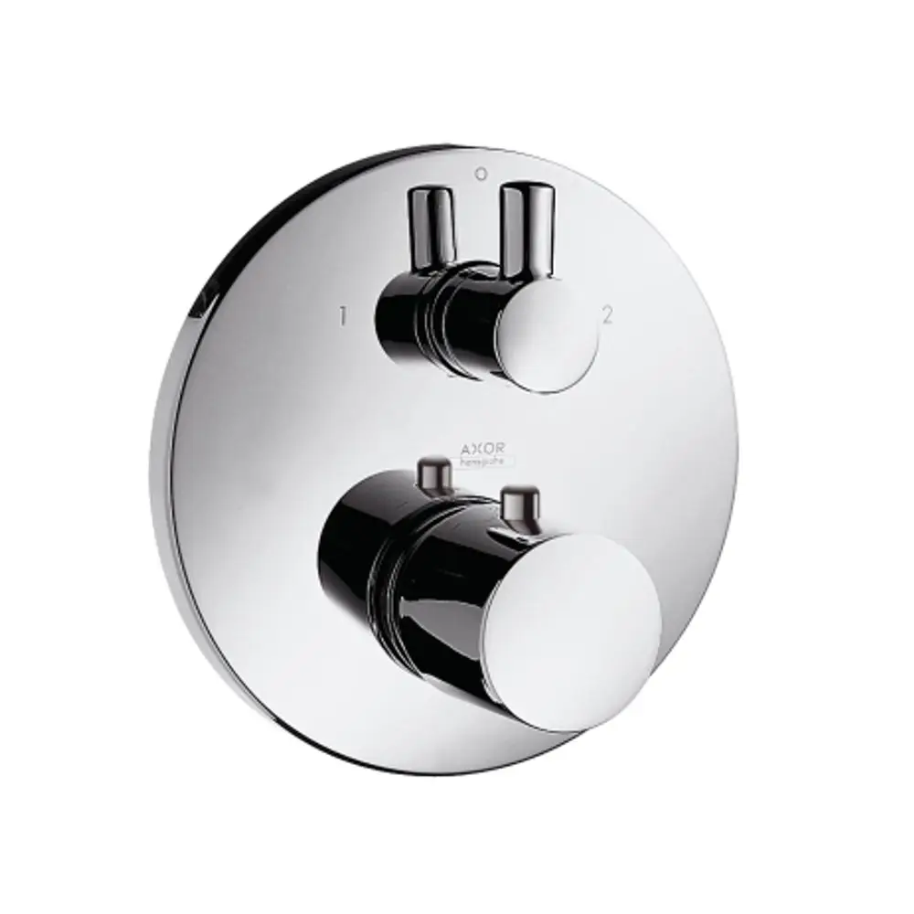 Thermostatarmatur mit zwei Drehreglern auf runder Grundplatte in Chrom-Finish, gefertigt von AXOR. Eignet sich für Unterputzinstallation im Bad.